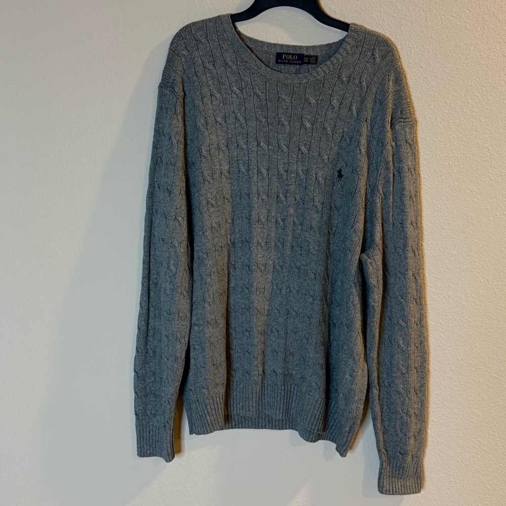 Polo by Ralph Lauren 100% silk  Men’s Gray Cable Knit Sweater Preppy, Academia